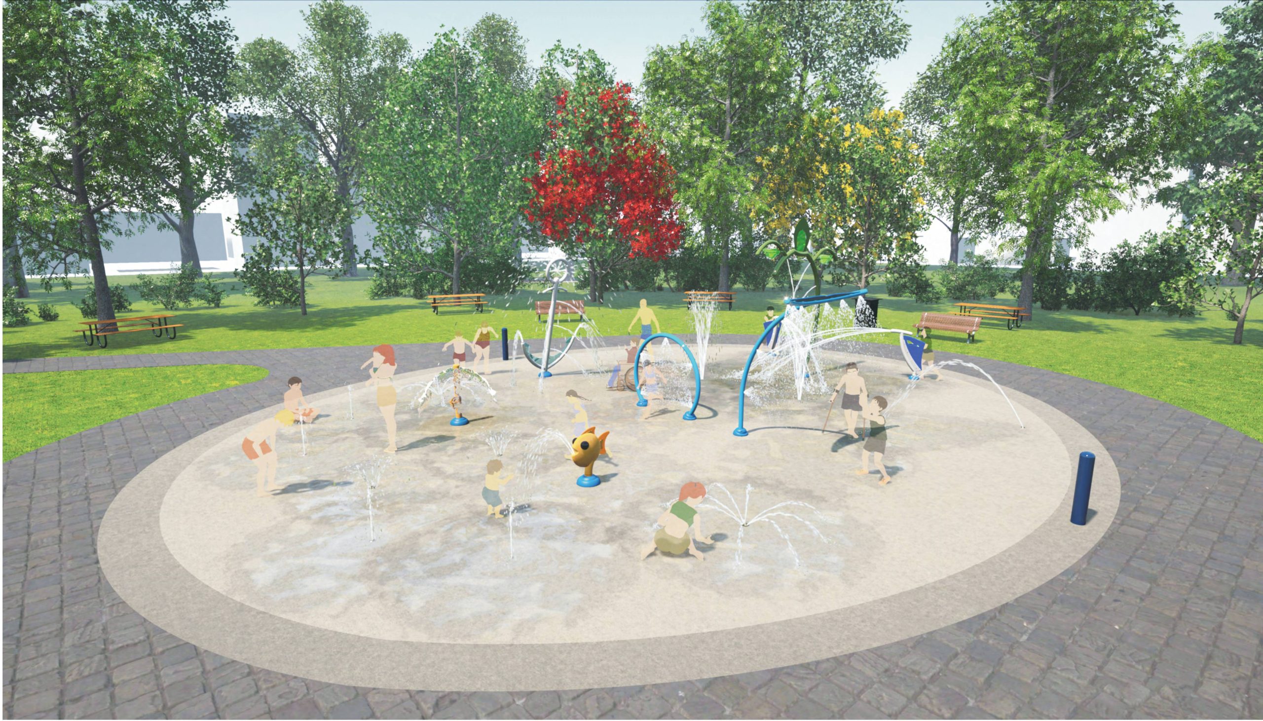 A rendering of the new splash pad, which includes multiple in-ground water jets, sea- and nautical-themed upright spray features and a hoop spray. The splash pad features are arranged in a circular play area surrounded by a tiled pathway, grassy spaces, picnic tables, benches and trees.