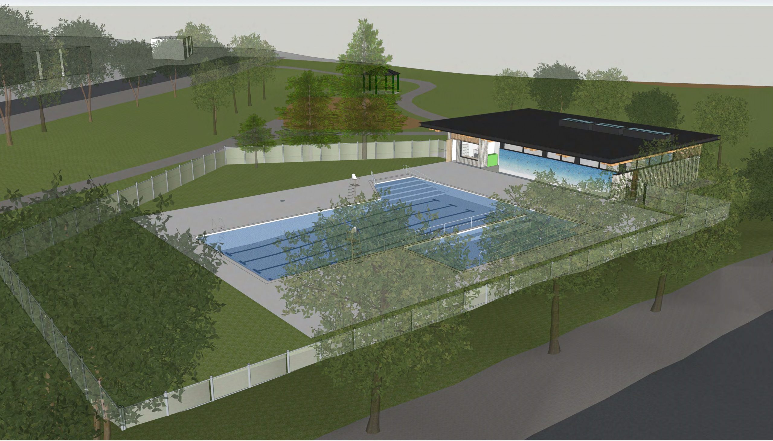 An aerial rendering of the new outdoor swimming pool and pool building, enclosed by a grey fence. The surrounding area features tall trees, open green spaces and paved pathways. An outline of another building is partially visible in the background.