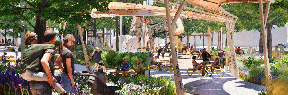 The rendering shows a park filled with various elements designed for community enjoyment. There is a shaded seating area featuring modern, artistic canopies and a playground equipped with climbing structures and swings. The park is lush with greenery, including trees and flowering plants. People are depicted engaging in activities such as sitting at picnic tables, walking and playing.