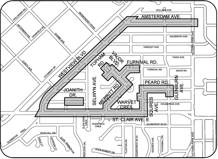 Map showing construction area. Work will take place on Westview Boulevard, Amsterdam Avenue, St Clair Avenue East, Joanith Drive, Merritt Road, Topham Road, Valor Boulevard, Durnival Road, Warvet Crescent, Squires Avenue, Peard Road, Glenburn Avenue. 