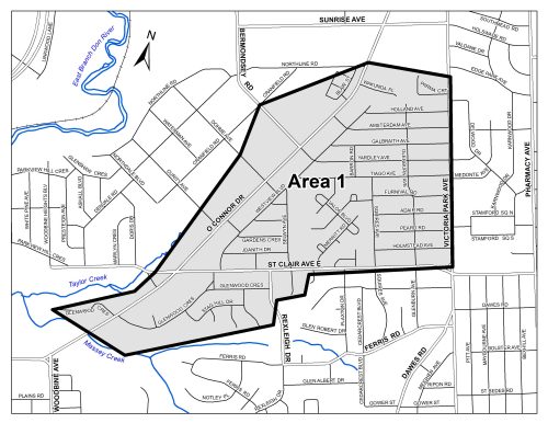 Map for Basement Flooding Study Area 1. The area is bounded by Northline road to the north. Victoria Park Avenue to the east. Massey Creek to the south. Dranfield Road to the west. 