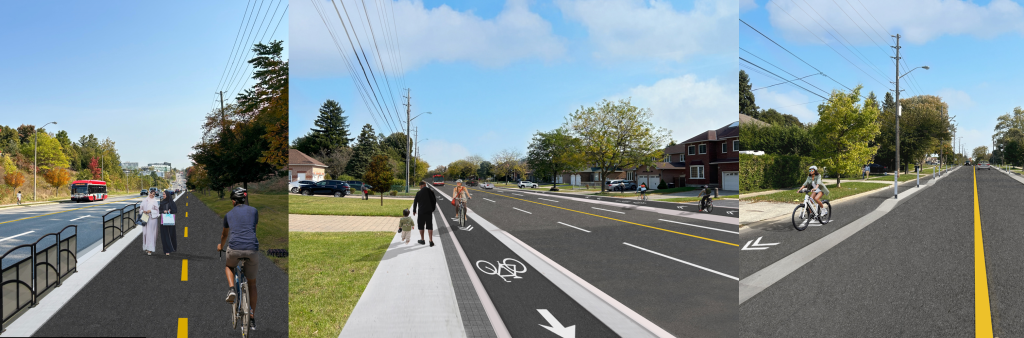 Illustrative rendering showing multi-use trail, on road cycle tracks and cycle tracks in the boulevard