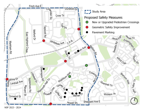 Map of proposed safety measures including new or upgraded pedestrian crossings, geometric safety improvement and pavement marking. For details, contact Anna Kim at 416-338-1837.