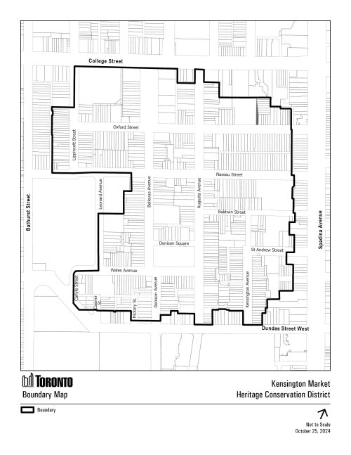 A black and white property map of the Kensington Market Area with the boundary of the proposed Kensington Market Heritage Conservation District outlined in a thick black line.