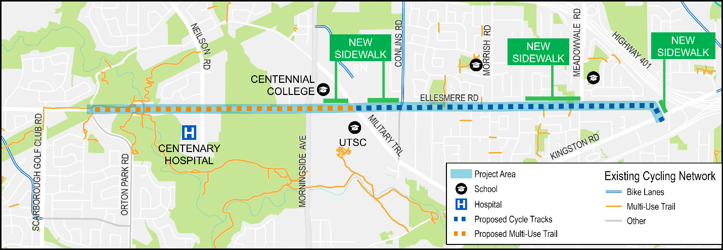Map showing Ellesmere Complete Street project area from Orton Park Road to Kingston Road