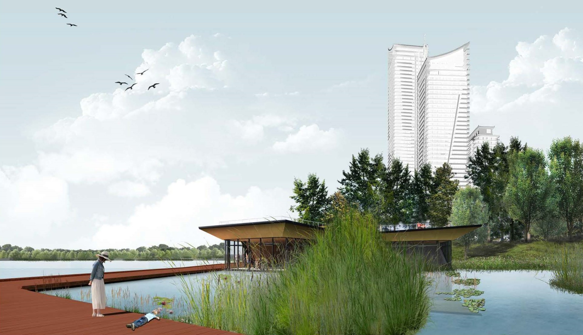 Rendering of the recreation building from the side, viewed from the boardwalk. The recreation building, with floor-to-ceiling windows on one side and a tapered wooden trip beneath the flat roof, is partially visible across a pond with marsh plants. The boardwalk connects to a long terrace on the left, which spans the pond and extends along the front of the building. Trees and tall buildings are visible in the background.