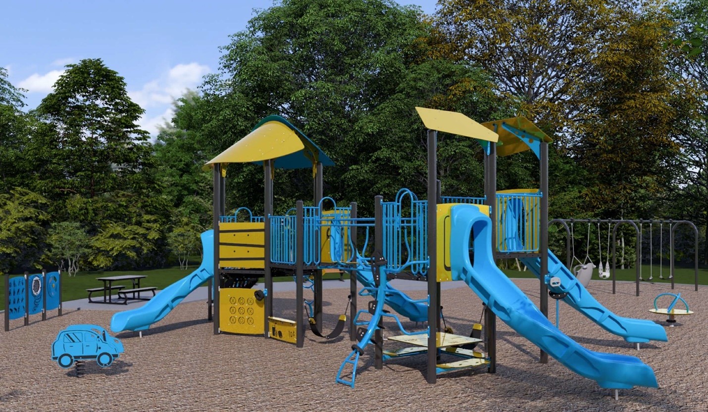Ground level view of Playground Design B looking north. From bottom left to upper right: three play panels, spring toy, combined junior and senior play structure, existing rope climber, swings, and group spinner. Play features are further described following the image.