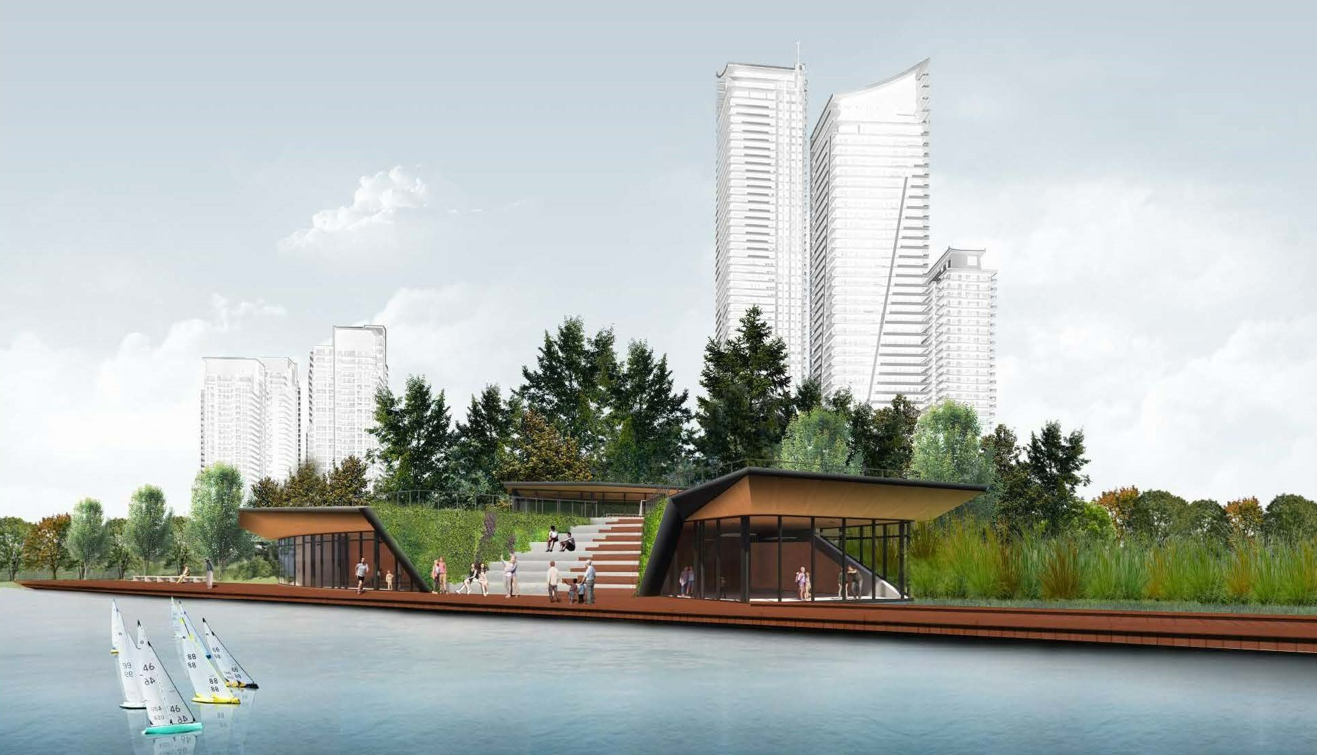 Rendering of the front of the recreation building as seen from the side of the pond, with a view of the landscaped amphitheatre at the centre of the building. Walls of greenery flank the amphitheatre steps leading to a landscaped roof with an enclosed structure. On either side of the amphitheatre are two wings of the building, each with a wooden trim below the flat roof and floor-to-ceiling windows. A terrace extends along the side of the building, while tall trees and buildings are visible in the background.