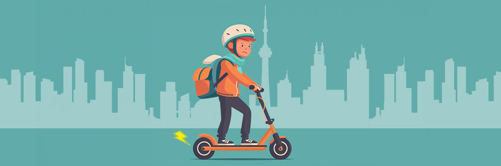 Illustration of young boy riding an electric scooter. He’s wearing a helmet, an orange sweatshirt and has a nervous expression. Text reads: E-scooters are illegal and unsafe, especially for youth under the age of 16.