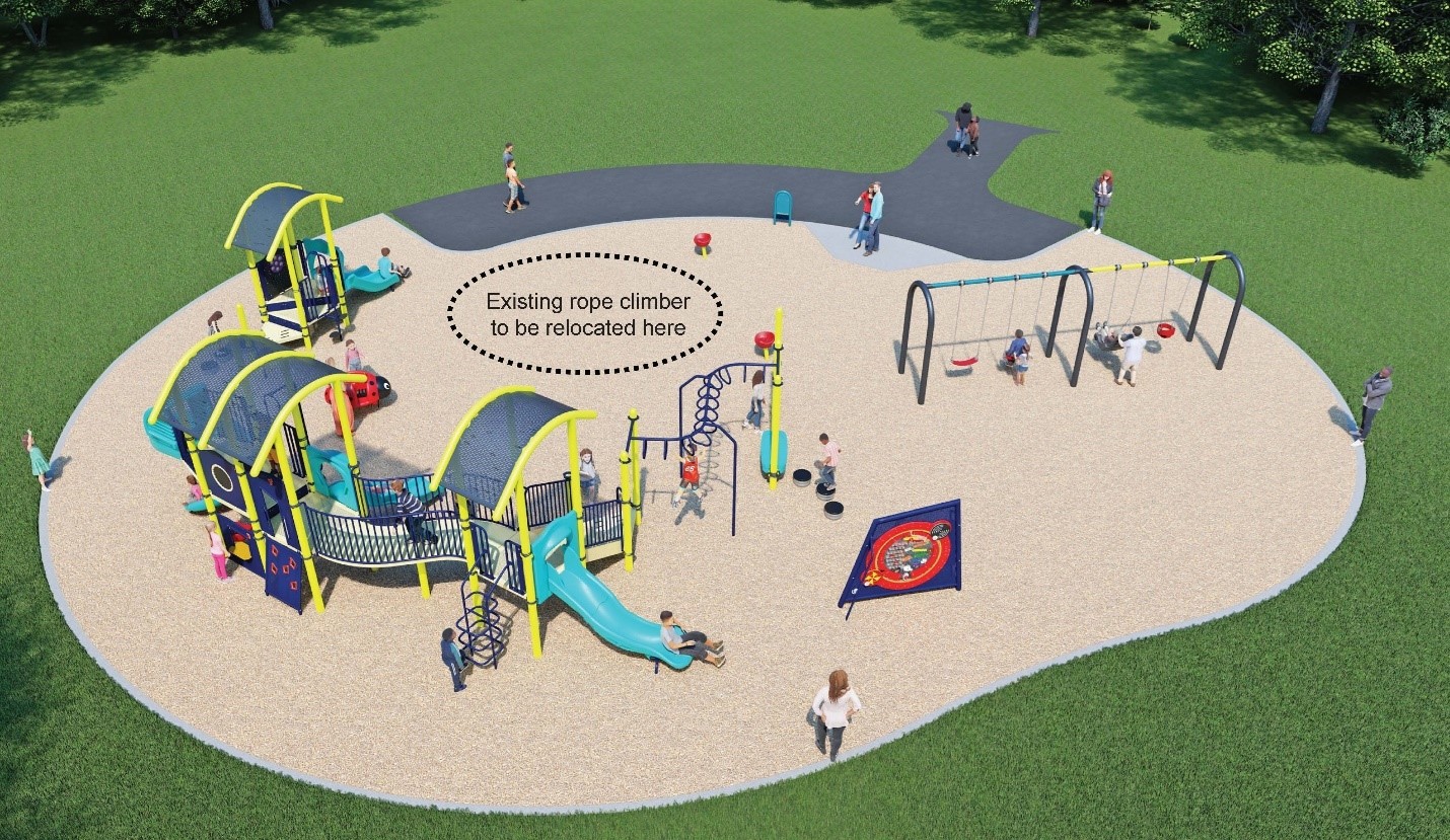 Aerial view of Playground Design A looking northwest. From bottom left to upper right: senior play structure, junior play structure, existing rope climber, spinner seats, large play panel, and swings. Play features are further described following the image.
