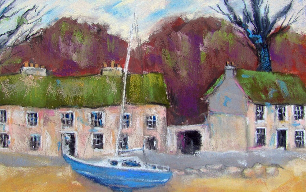 Painting of a beached sail boat in front a break wall, two-storey pink buildings with green roofs, and autumn trees