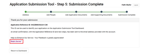 A screenshot showing the completion page of the Application Submission Tool submission process. It includes a progress bar with five steps: Address, Add People, Add Application Documents, Add Supporting Documents, and Submission Complete, all marked as complete. Below, there is an Application Reference ID, instructions about an email confirmation, and a link to a feedback survey labeled 'Begin Survey.'