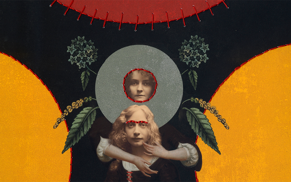 Collage of circles of fabric sitched together, plants. and two figures composed of sepia photography and early modern painting portraiture