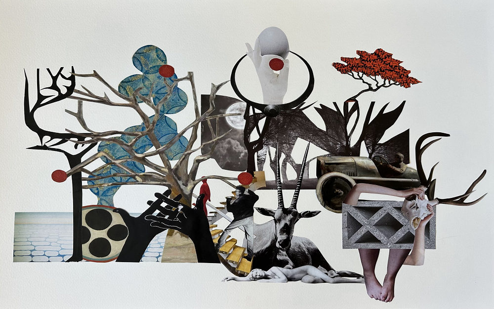 Collage of mixed illustrations and photos of interlocking-shaped objects like fingers, antlers and tree branches and round-shaped objects like circles, egg, wheels and the moon
