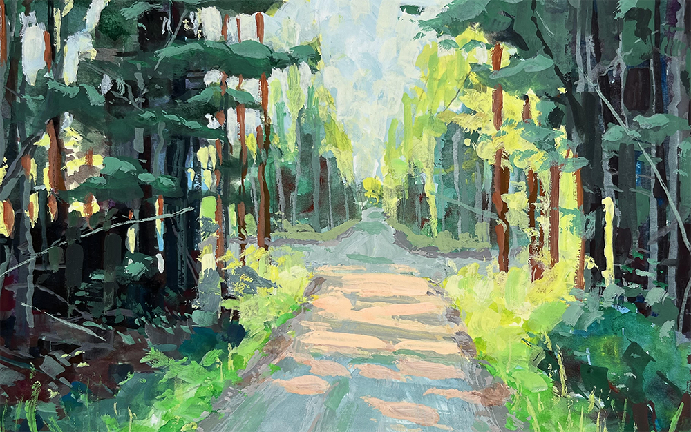 Painting of a tree-lined intersecting roads
