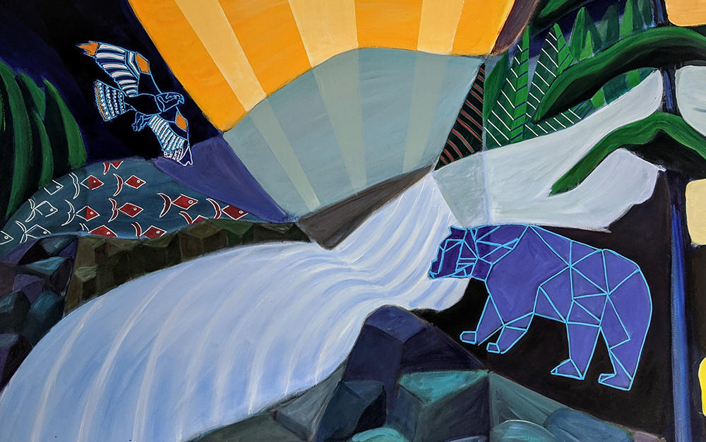 Painting of landscape of river, mountains, sun rays, a bear, fish and a falcon.