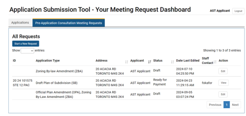 A screenshot of the updated 'Pre Application Meeting Request Dashboard' in the Application Submission Tool, showcasing a revised interface with tabs, a table displaying requests with details like ID, Application Type, Address, Status, and Action buttons, and the addition of a 'Start a New Request' button.