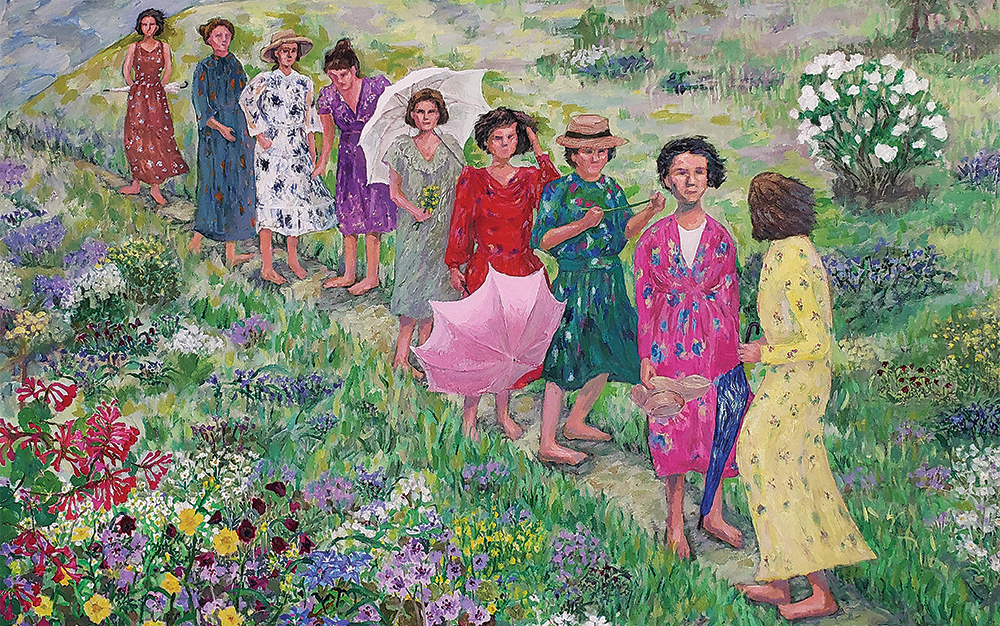 Figurative painting of women wearing floral dresses with hats and umbrellas in a field of flowers