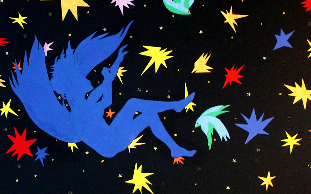 Artwork of a blue person with wings falling on their back in front of a black background with splotches of colour that are stars and birds