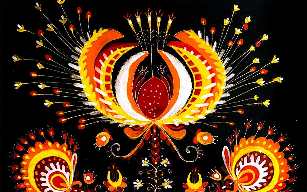 Decorative painting of the mythological tree in bright yellow, orange and red hues on a black background