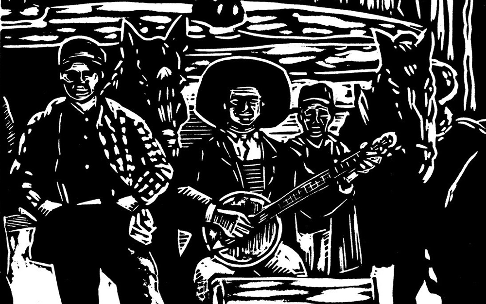 Black and white woodcut of man holding a banjo with a horse and two other people