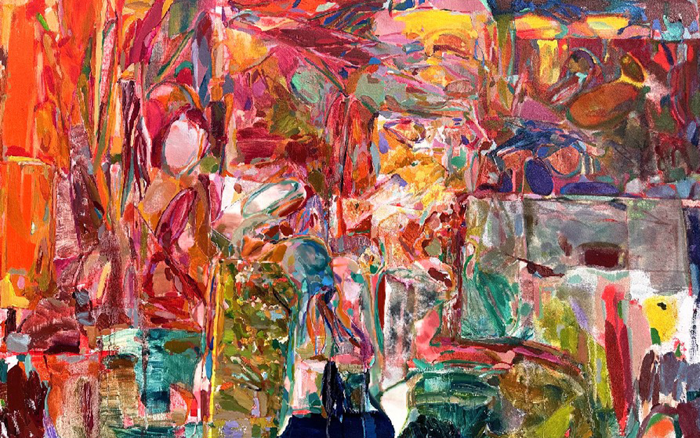 Colourful and abstract oil painting with oranges, reds and yellows