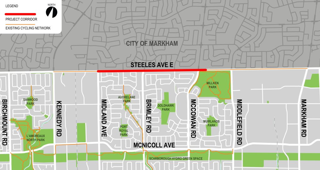 Map of Steeles Avenue East Complete Street project limits.