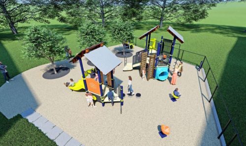 An aerial view of playground proposal B, showing from left to right, a junior play structure, a senior play structure, and two seated spinners.