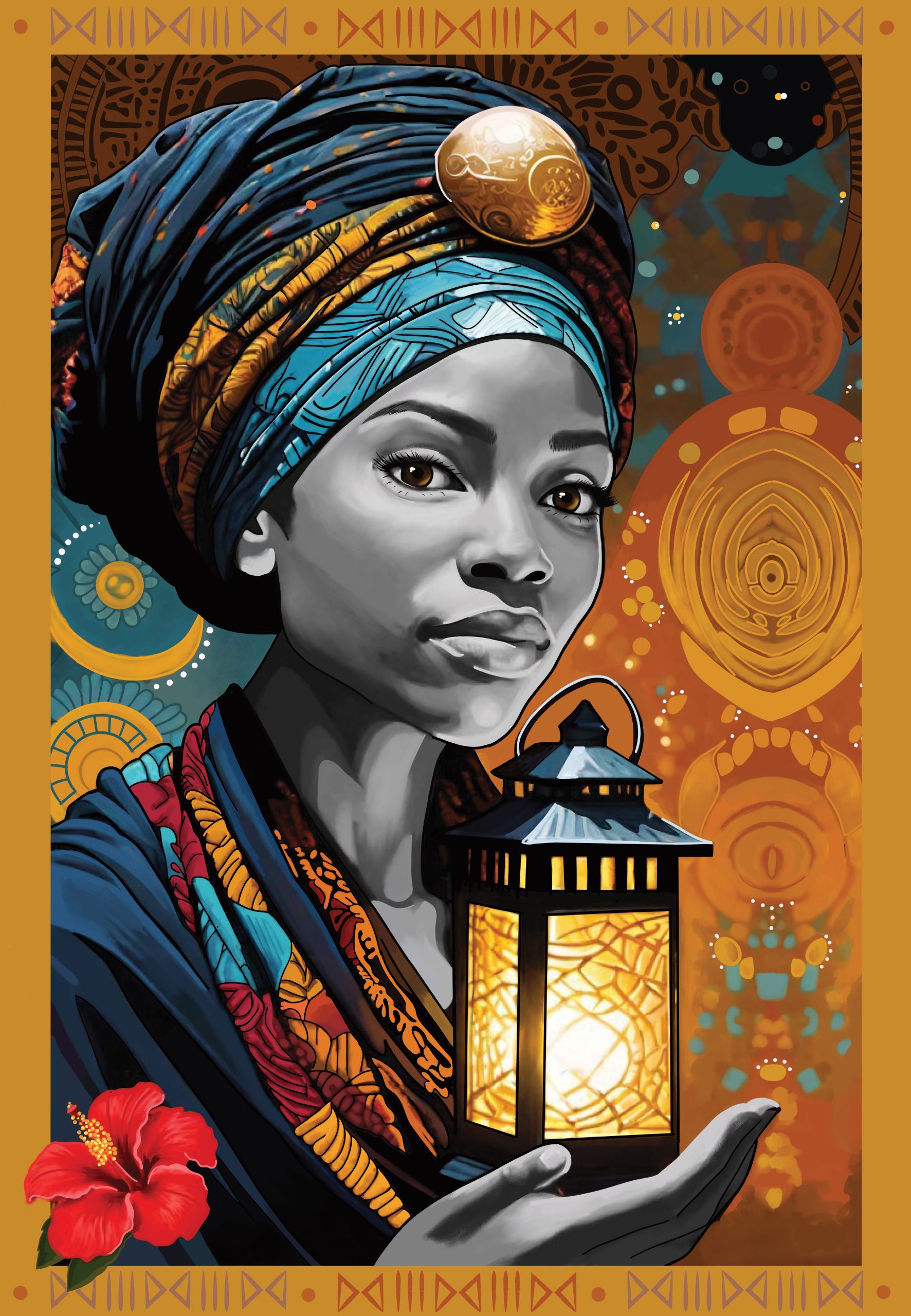 Illustration of a Black woman wearing a colorful headwrap, holding a glowing lantern. The background features intricate patterns in warm and vibrant tones, symbolizing cultural heritage and enlightenment.
