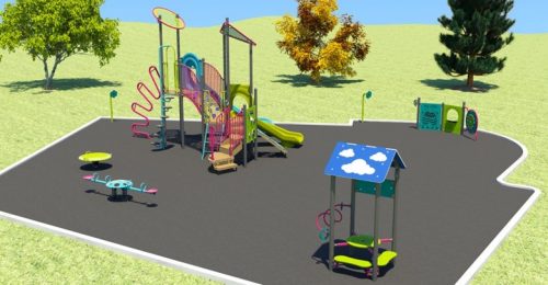 An aerial view of playground proposal C, showing from left to right, a play structure with slides, climbers, and stairs, a seated spinner, a spring seesaw, and a junior sitting area.