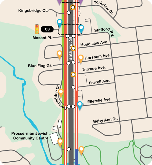 The image is a map which identifies all proposed changes on Bathurst Street between Yorkview Drive to Prosserman Jewish Community Centre 