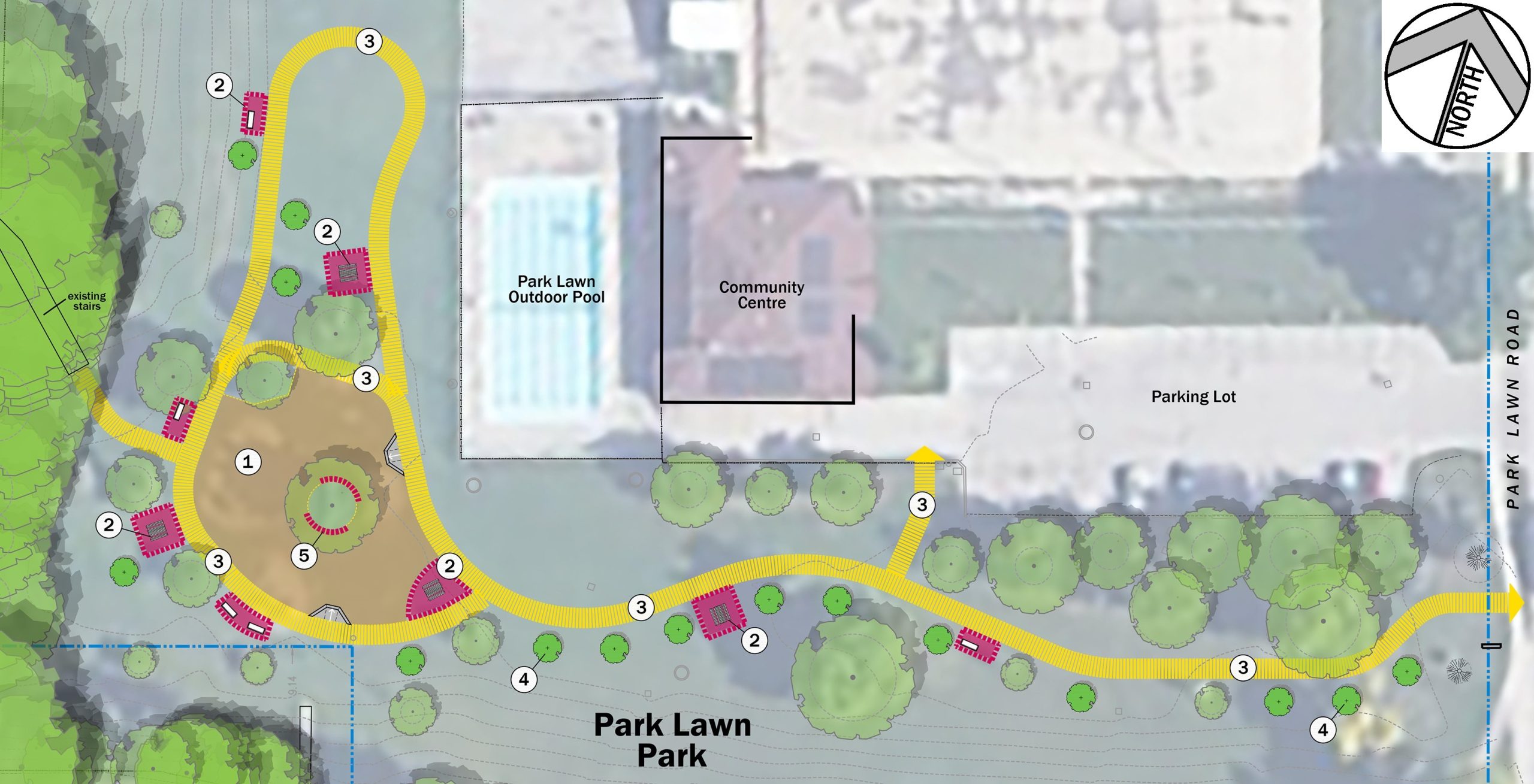 Map view of the improvements to Park Lawn Park playground and surrounding area. The playground will remain to the southwest of the outdoor pool and community centre with a new pathway that loops to the north and connects the playground to the existing stairs to the west and Park Lawn Road to the east. Various seating areas are located along the pathway.