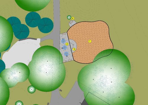 A rendered plan of the new proposed playground footprint for Bridlewood Park. It also shows seating areas on a new paved surface, and the existing commemorative bench and tree.