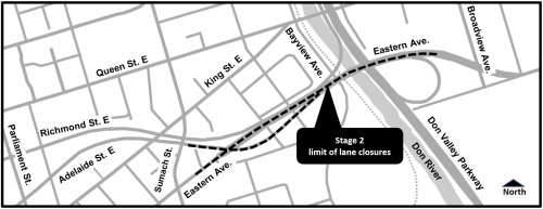 Map of work area along Adelaide Street and Eastern Avenue bridge. Please contact Maria Lippa by phone at 416-495-4214 or by email at EastAdelaideBrdg@morrisonhershfield.com