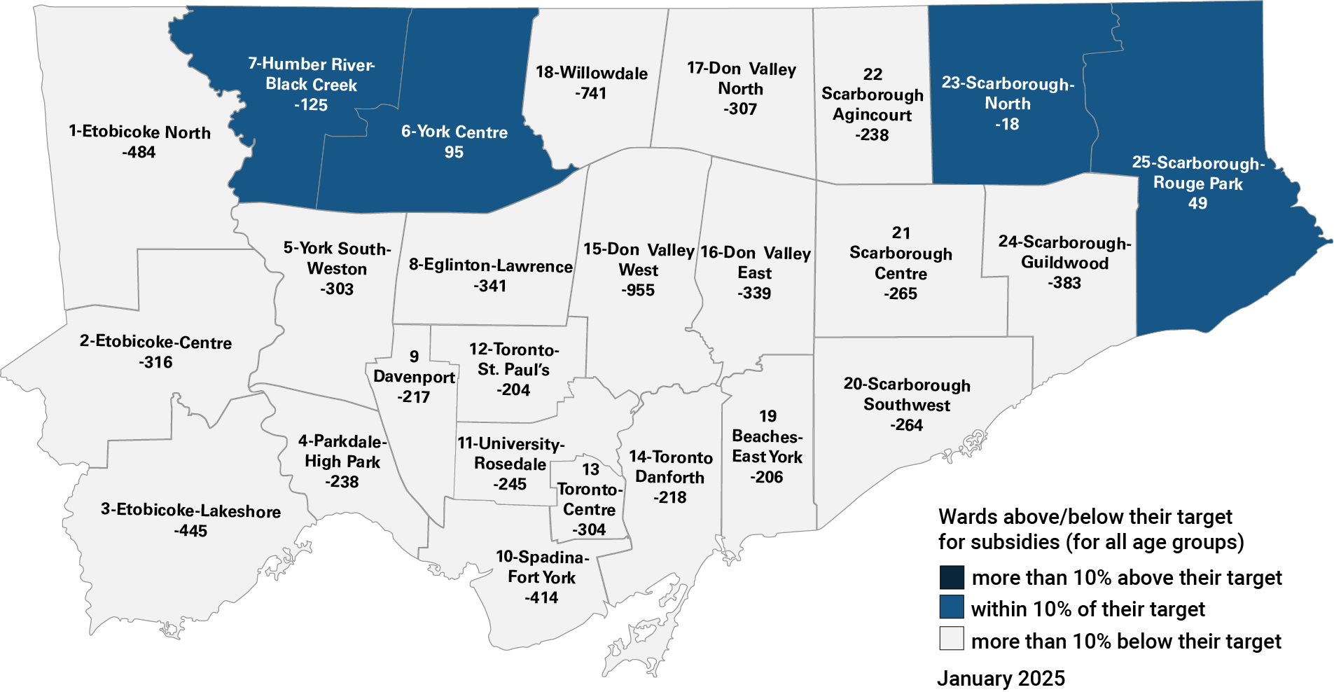 A ward map of Toronto representing the fee subsidy target data. Details for the map are outlined in the table below.