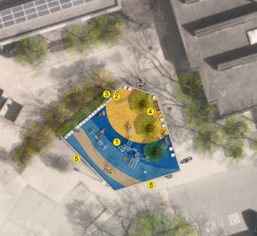 The proposed footprint and layout for the new playground will included rubberized tile safety surfacing arranged in a pattern. The colours shown in the rubberized safety surfacing are for reference only. The footprint will have three trees and new benches.
