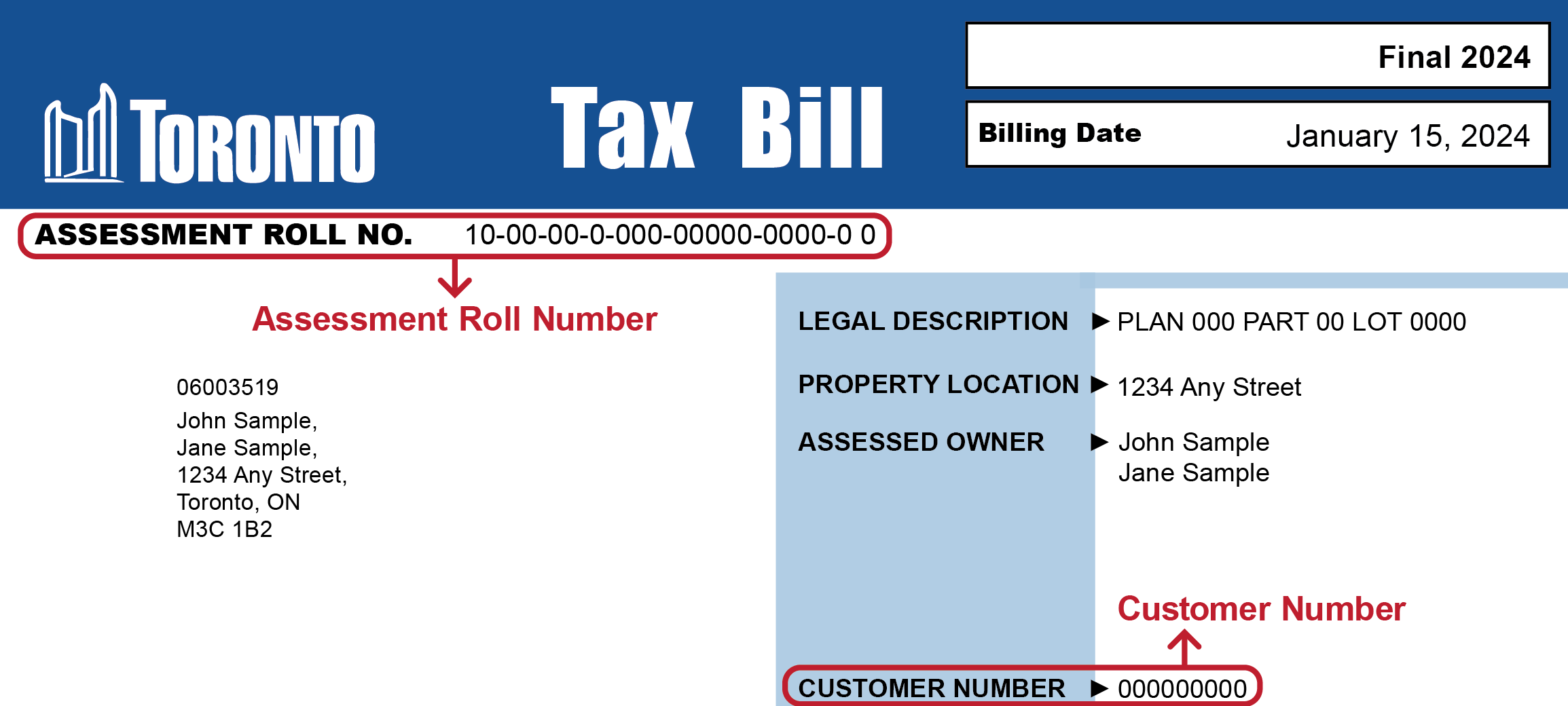 Assessment Roll Number appears on top left of bill 