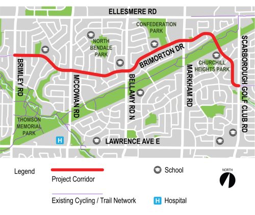 Map of project area along Brimorton Drive between Brimley Road and Scarborough Golf Club Road 