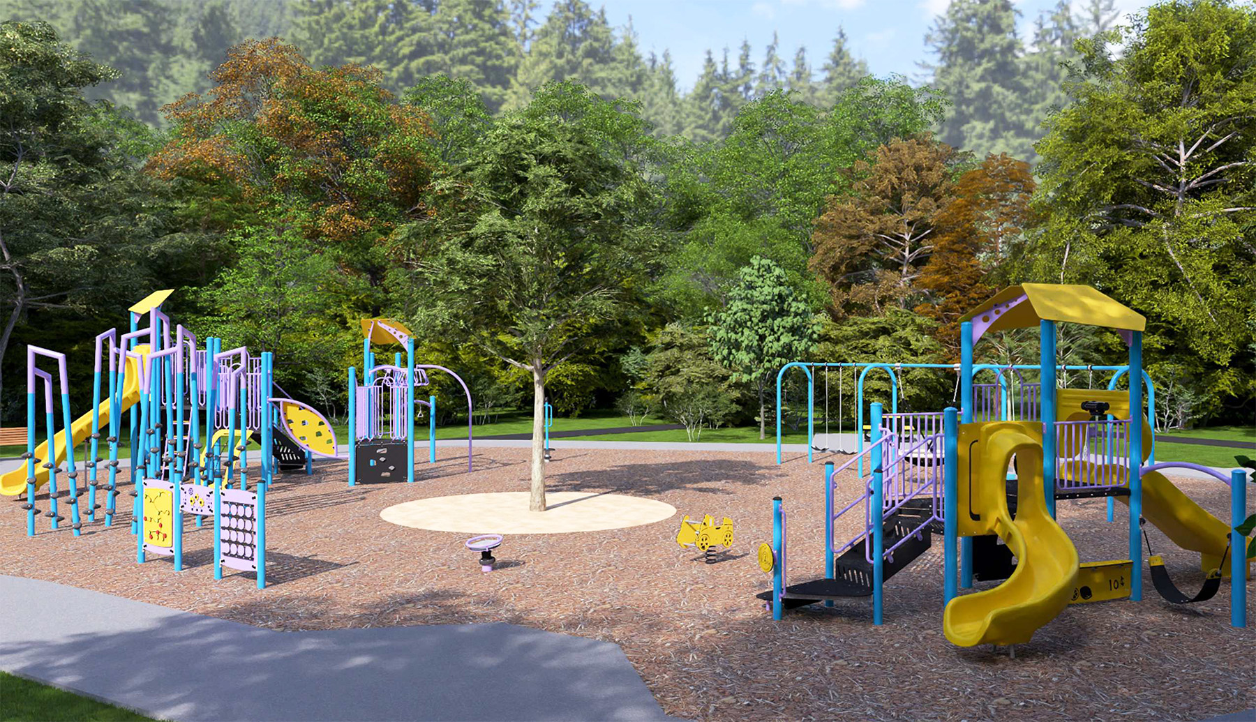 An aerial view of Playground Design A looking to the northwest from the southeast. From the lower left to the upper right, it includes a play panel, a standalone climbing structure, senior play equipment, overhead monkey bar climber, accessible transfer station, swing set with; two belt swings, one toddler swing, one accessible swing, one basket/group swing , junior play structure, race car spring toy and a spinner toy.