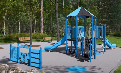 A ground-level view of playground proposal A, showing from left to right, a 3-panel play panel, a play structure with slides and a swing, and new benches.