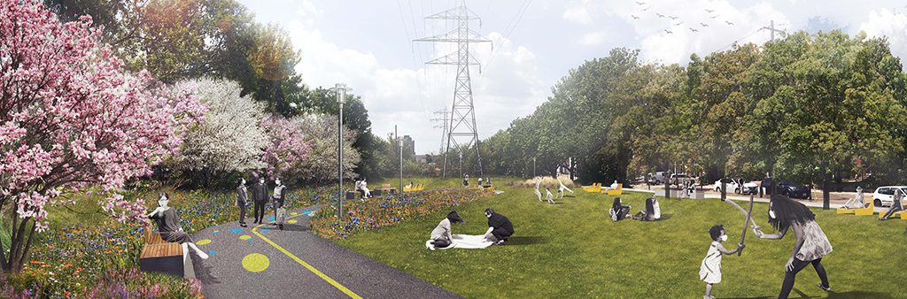 An artistic rendering illustrating the design for the new park expansion. An accessible path runs through the park, with colourful pavement markings to identify the Green Line and local neighbourhood. Groups of people are shown sitting on benches placed on one side of the path, walking along the pathway, and sitting and playing on the green lawn space. The park is lush with flowering meadows and trees. The sidewalk along Geary Avenue is visible in the background.