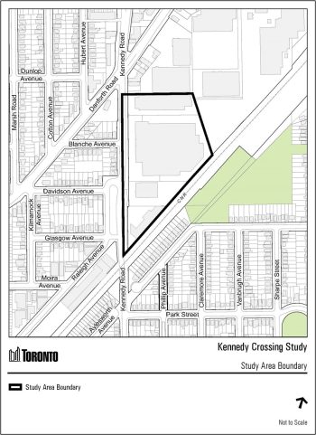 Map of the Kennedy Crossing Study Area, bordering Kennedy Road to the west and the rail line to the south.