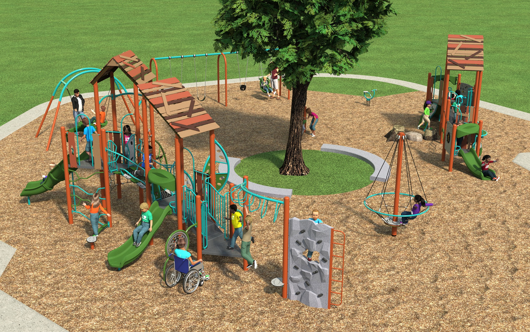 An aerial view of Playground Design C looking to the northwest from the southeast. From the lower left to the upper right, it includes senior play structure, basket/group swing, swing set which includes; two belt swings, one toddler swing and one accessible swing, solo spring rider, junior play structure and a multi-child upright net spinner.