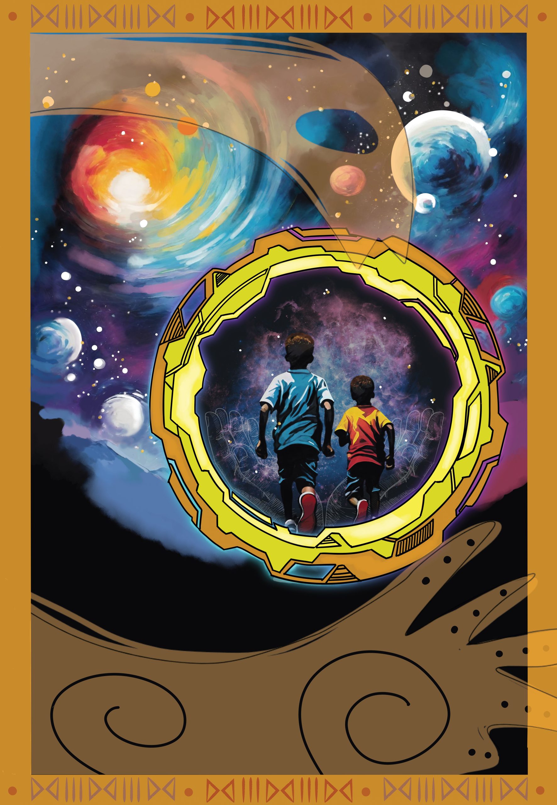 An illustration of two children walking toward a glowing cosmic portal surrounded by celestial imagery.