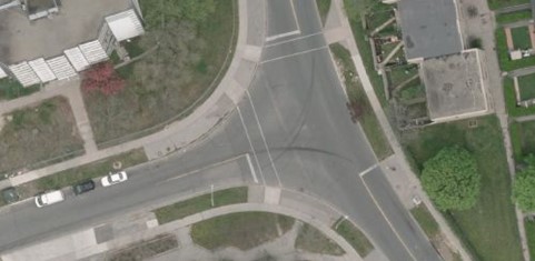 Driftwood Ave and Yorkwood Gate before curb radii reductions as part of the Vision Zero Road Safety Plan