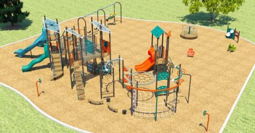 An aerial view of playground option B, showing clockwise from top left, a senior play structure with multiple climbing options and a ropes course, a 2-bay swing set, a merry-go-round, a 2-panel play panel, 2 spring riders.