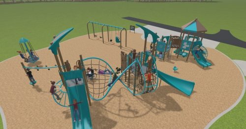 An aerial view of Playground design option C, showing clockwise from top left, a merry-go-round, a 2-bay swing set, a junior play structure, and a senior play structure with a rope bridge.