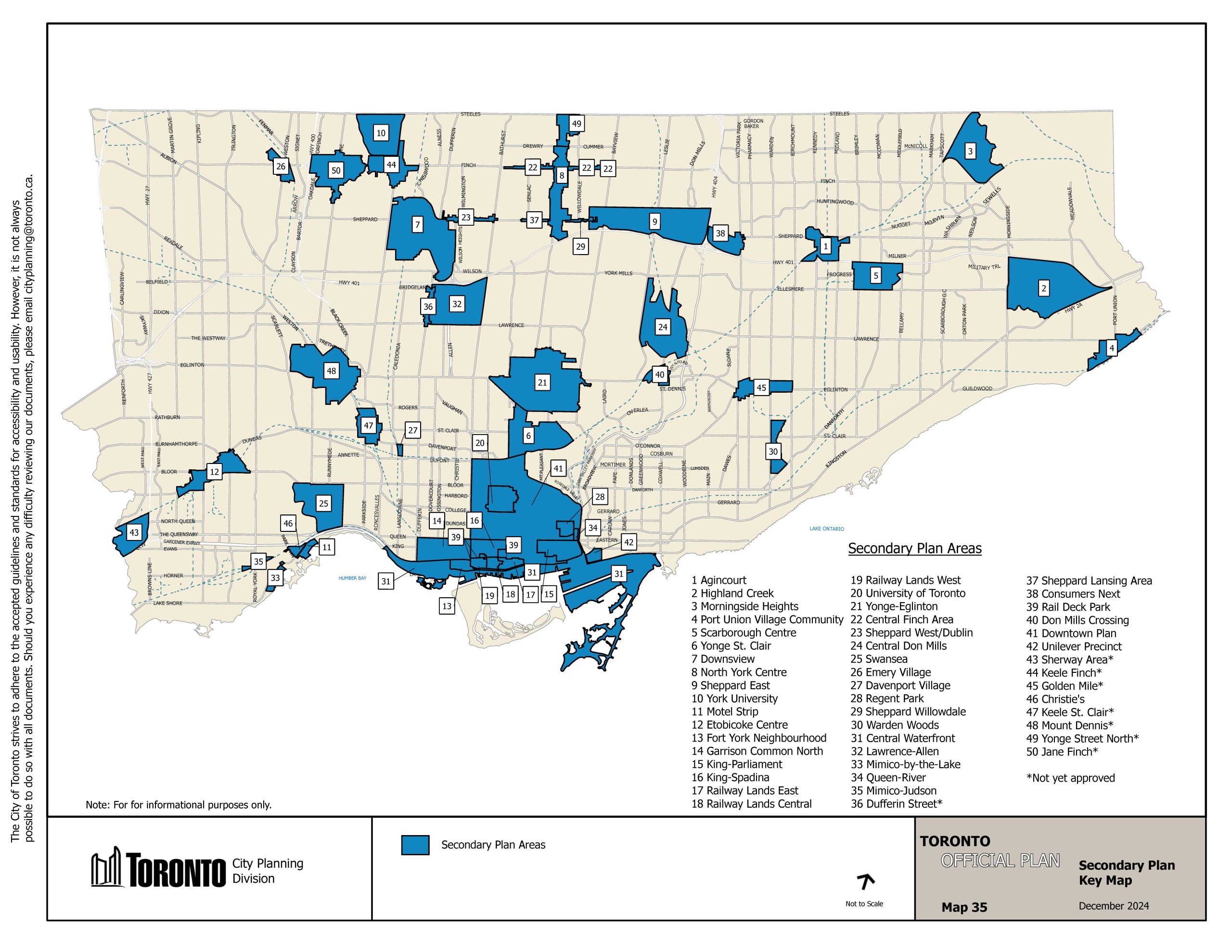 Map 35 – Secondary Plan Key Map: This map illustrates the location and boundary of the Secondary Plan Areas of the Toronto Official Plan and the proposed new or amendments to existing Secondary Plan Areas that are yet to be approved by the Ontario Municipal Board.