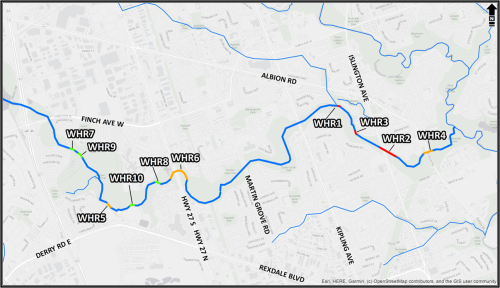 Map image of West Humber River with projects plotted: Projects 1 to 4 are between Kipling Avenue and Albion Road. Project 6 is east of Highway 27. Projects 5, and Projects 7 to 10 are west of Highway 27.