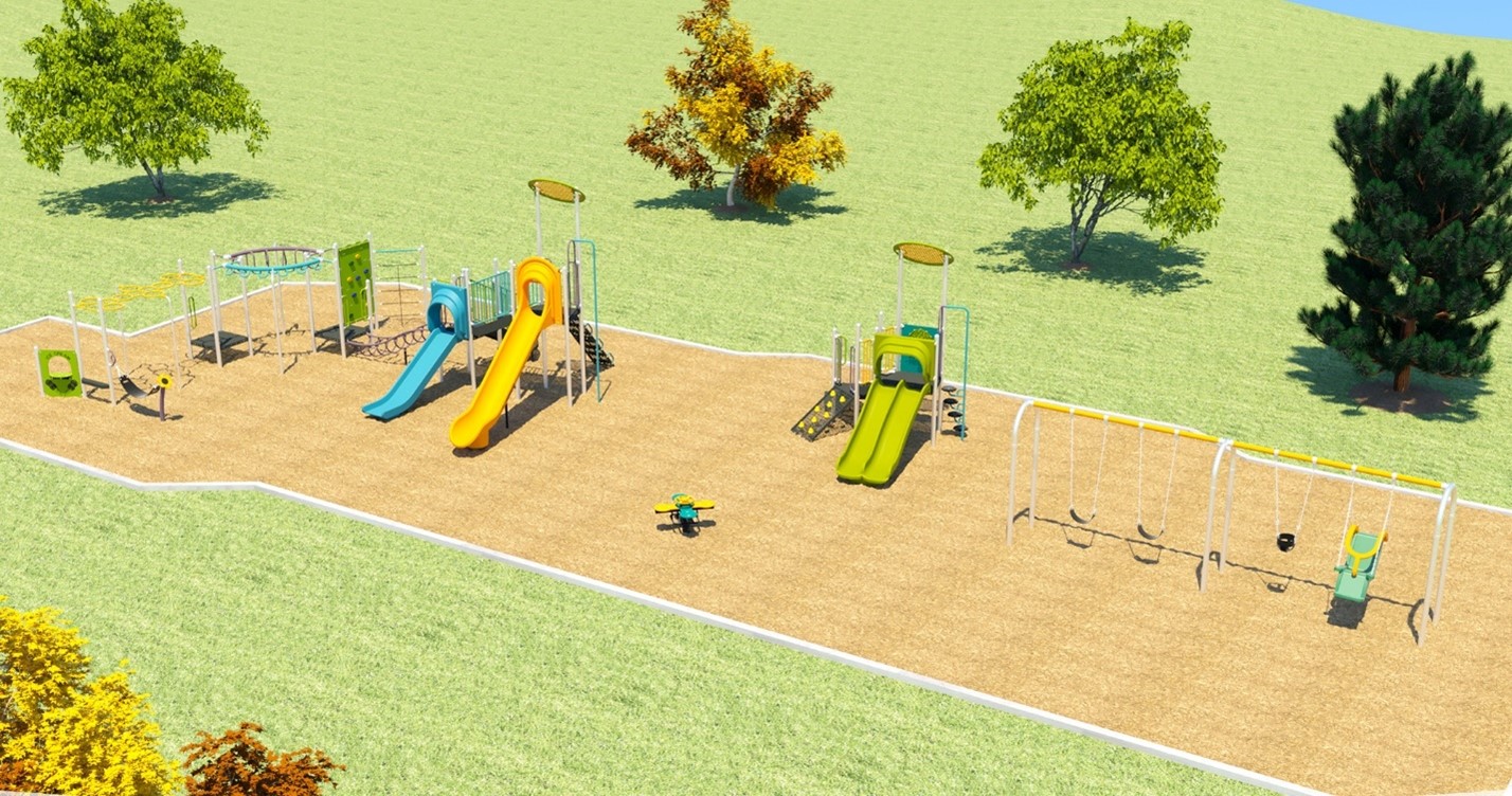 Aerial view of playground option A showing from left to right: play counter, climbing structures, large senior structure, see-saw, junior structure, and swing set.